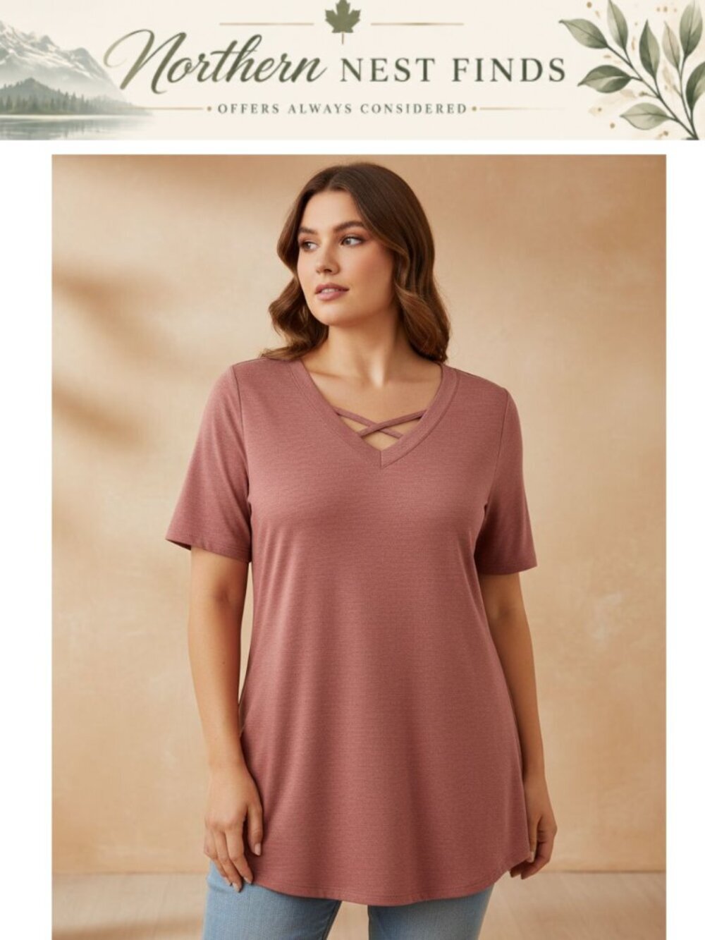 Plus Size V-Neck Criss Cross Tunic Top Loose Fit Summer Shirt